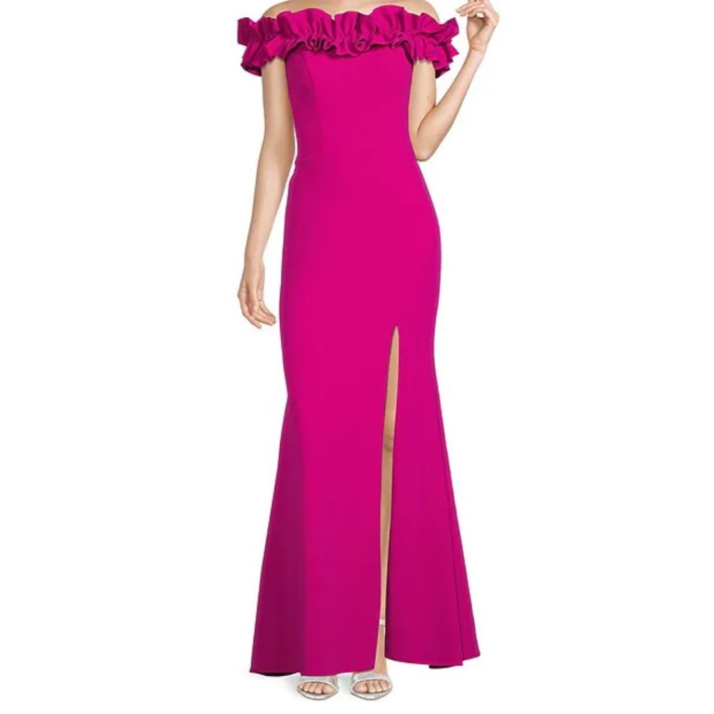 Xscape Off-the-Shoulder Cap Sleeve Mermaid Ruffle Thigh High Slit Crepe Gown